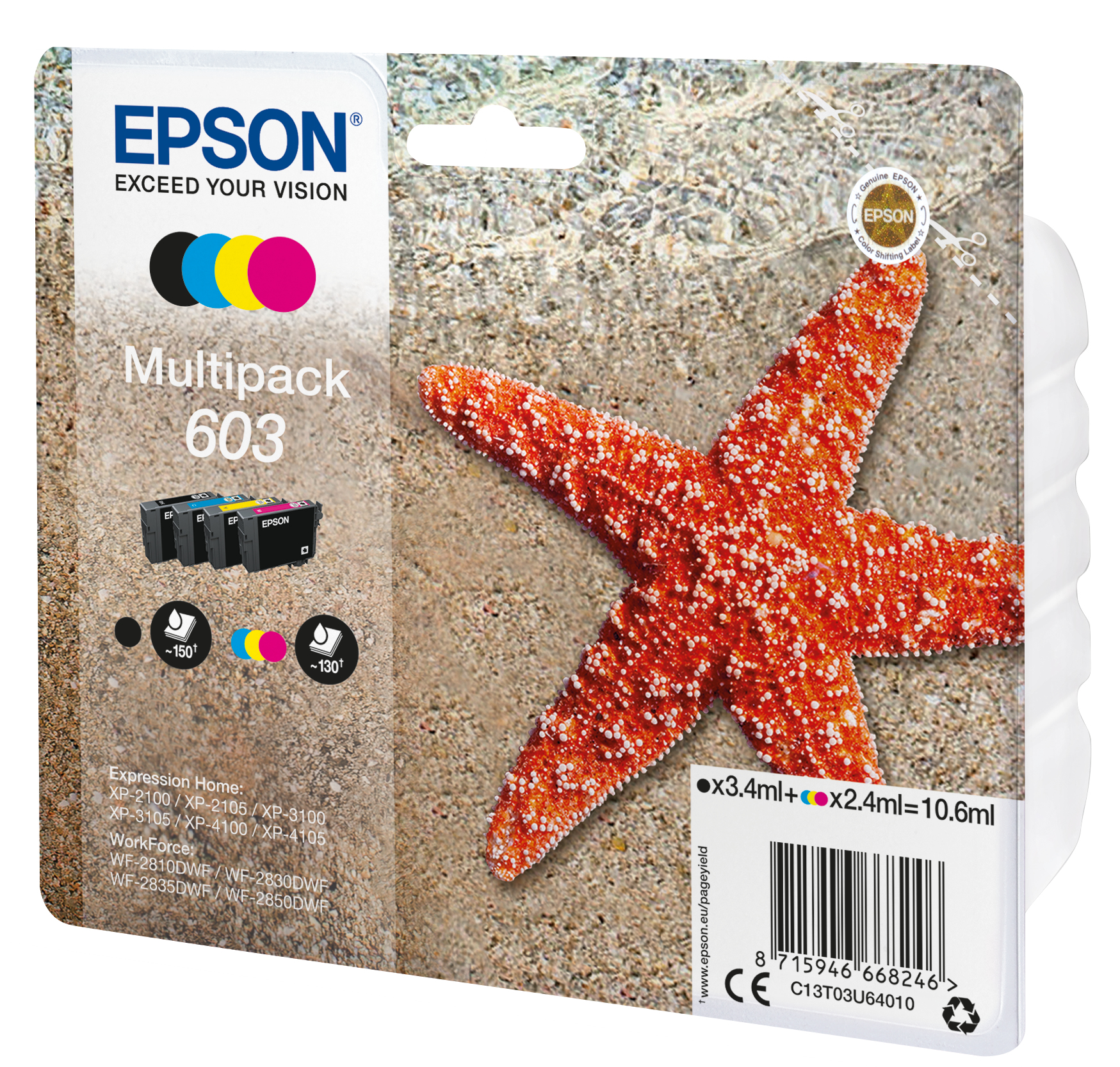 72697715_4245416031 Epson C13T03U64020/603 Ink cartridge multi pack Bk,C,M,Y Blister Acustic Magnetic 3,4ml + 3x2,4ml Pack=4 for Epson XP 2100