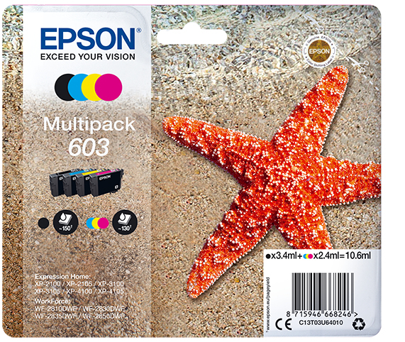 72697715_7404447726 Epson C13T03U64020/603 Ink cartridge multi pack Bk,C,M,Y Blister Acustic Magnetic 3,4ml + 3x2,4ml Pack=4 for Epson XP 2100
