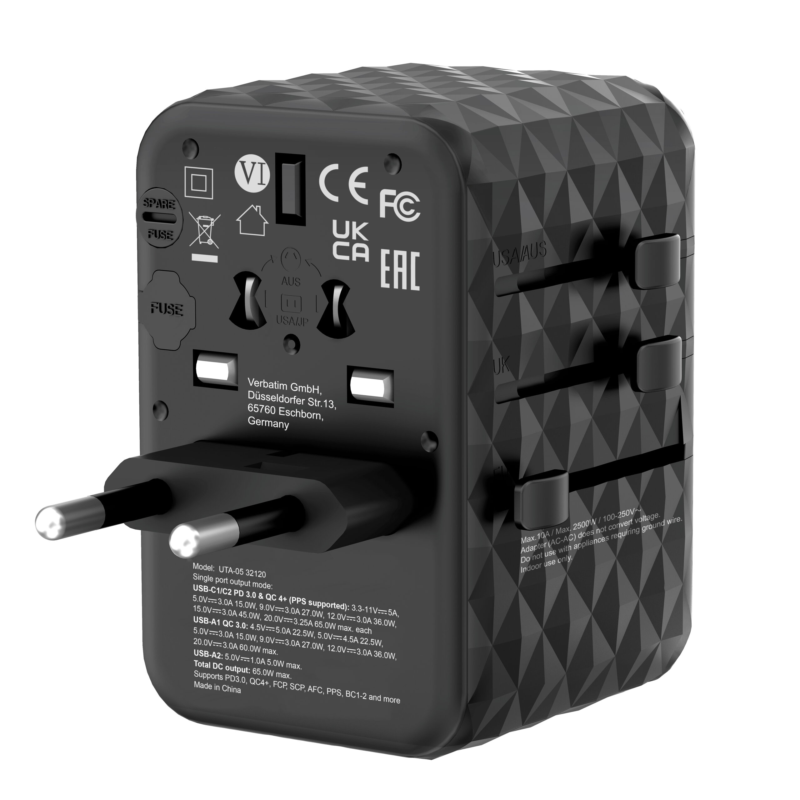 75b18e83f8c78a6b5321aee65b728a88 Verbatim UTA-05 65W GaN III Universal Travel Adapter with 2 x USB-C PD & QC 4+ & 2 x USB-A ports