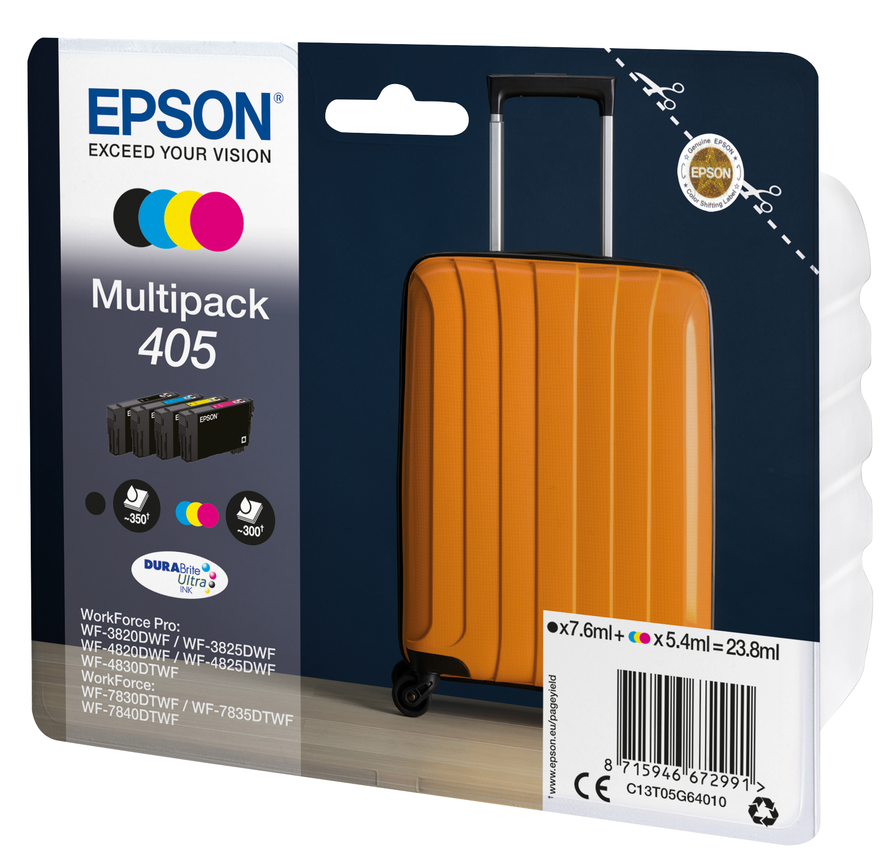 Epson C13T05G64010/405 Ink cartridge multi pack Bk,C,M,Y, 4x1.250 pages 23.8ml 7,6ml + 3x5,4ml Pack=4 for Epson WF-3820/7830