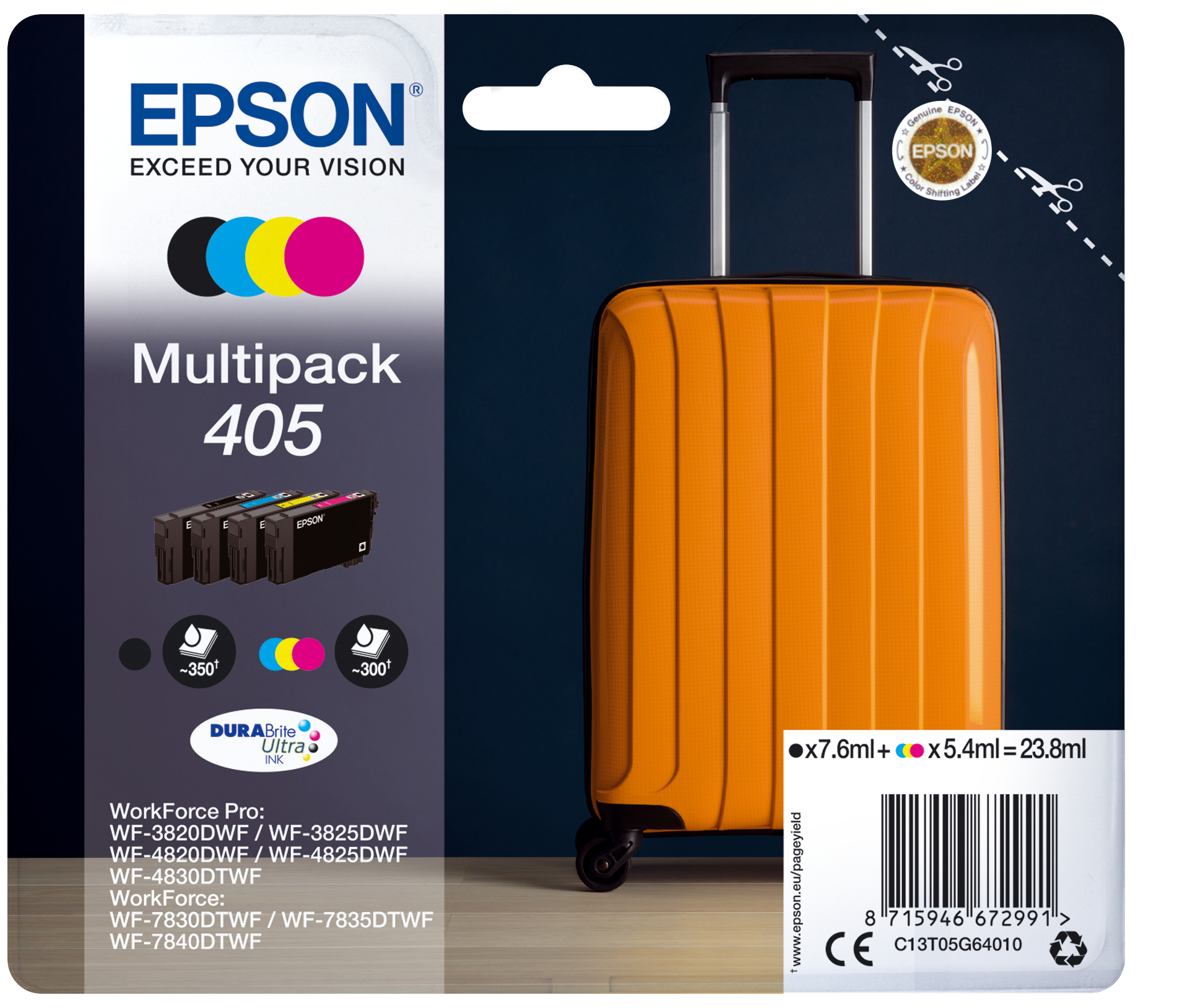 Epson C13T05G64010/405 Ink cartridge multi pack Bk,C,M,Y, 4x1.250 pages 23.8ml 7,6ml + 3x5,4ml Pack=4 for Epson WF-3820/7830