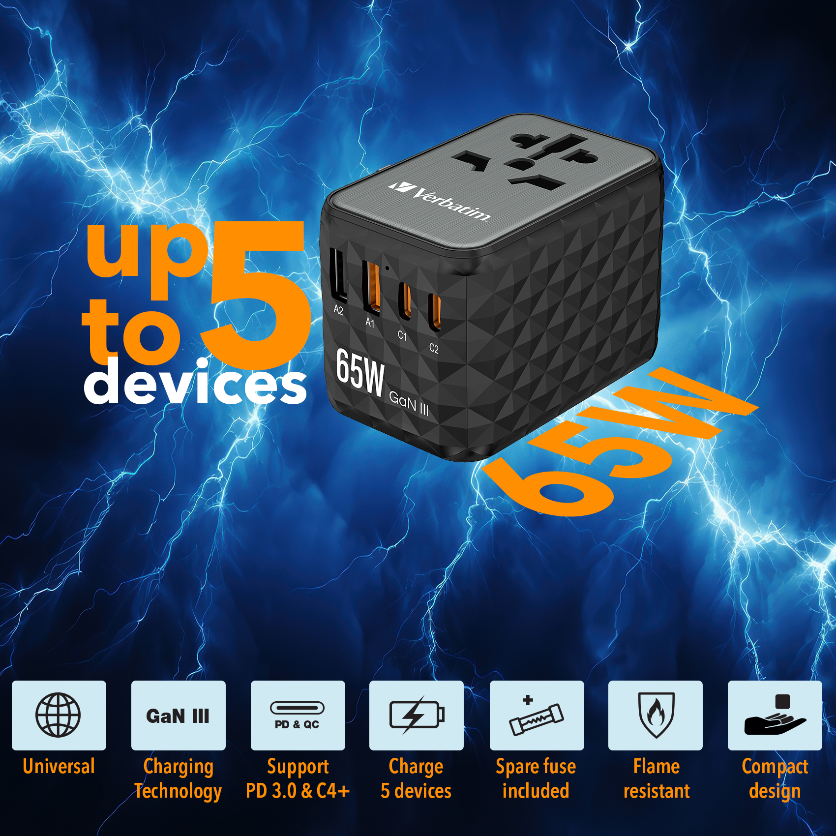 847adac5e561ab3dcf87e17c9f7b108d Verbatim UTA-05 65W GaN III Universal Travel Adapter with 2 x USB-C PD & QC 4+ & 2 x USB-A ports