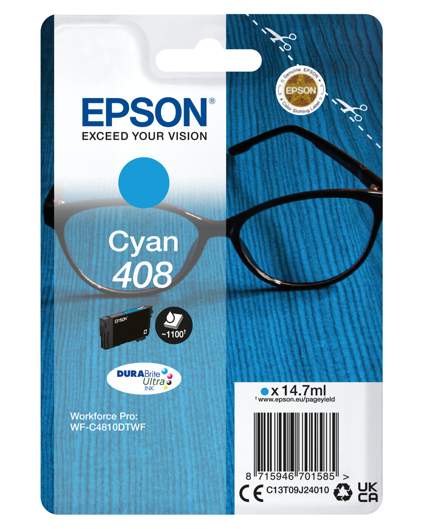 Epson C13T09J24010/408 Ink cartridge cyan, 1.100 pages ISO/IEC 24711 14.7ml for Epson WF-C 4810