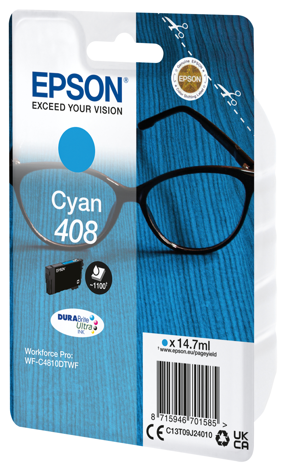 Epson C13T09J24010/408 Ink cartridge cyan, 1.100 pages ISO/IEC 24711 14.7ml for Epson WF-C 4810