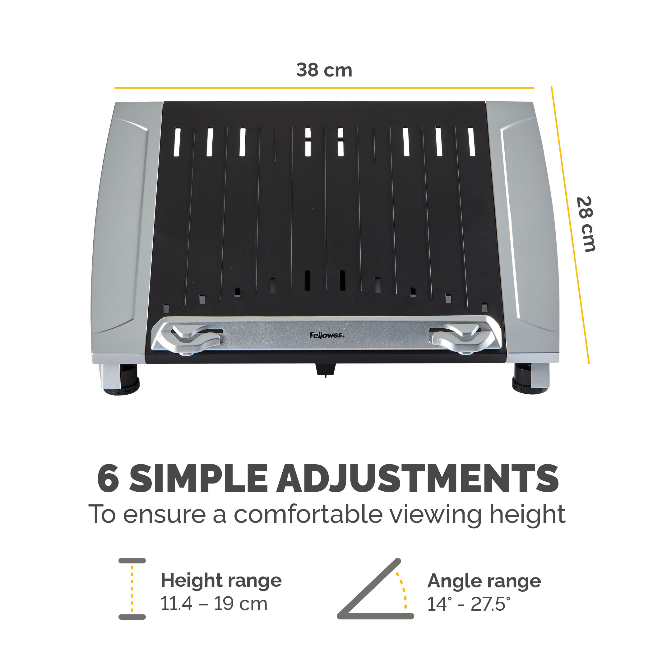 9ad672aa49fdda929ea05f883086fc9e378be3f1 Fellowes Laptop Stand for Desk - Office Suites Plus Adjustable Laptop Stand for the Home and Office - Laptop Riser with 5 Height Adjustments - Max Monitor Size 17", Max Weight 5KG - Black/Silver