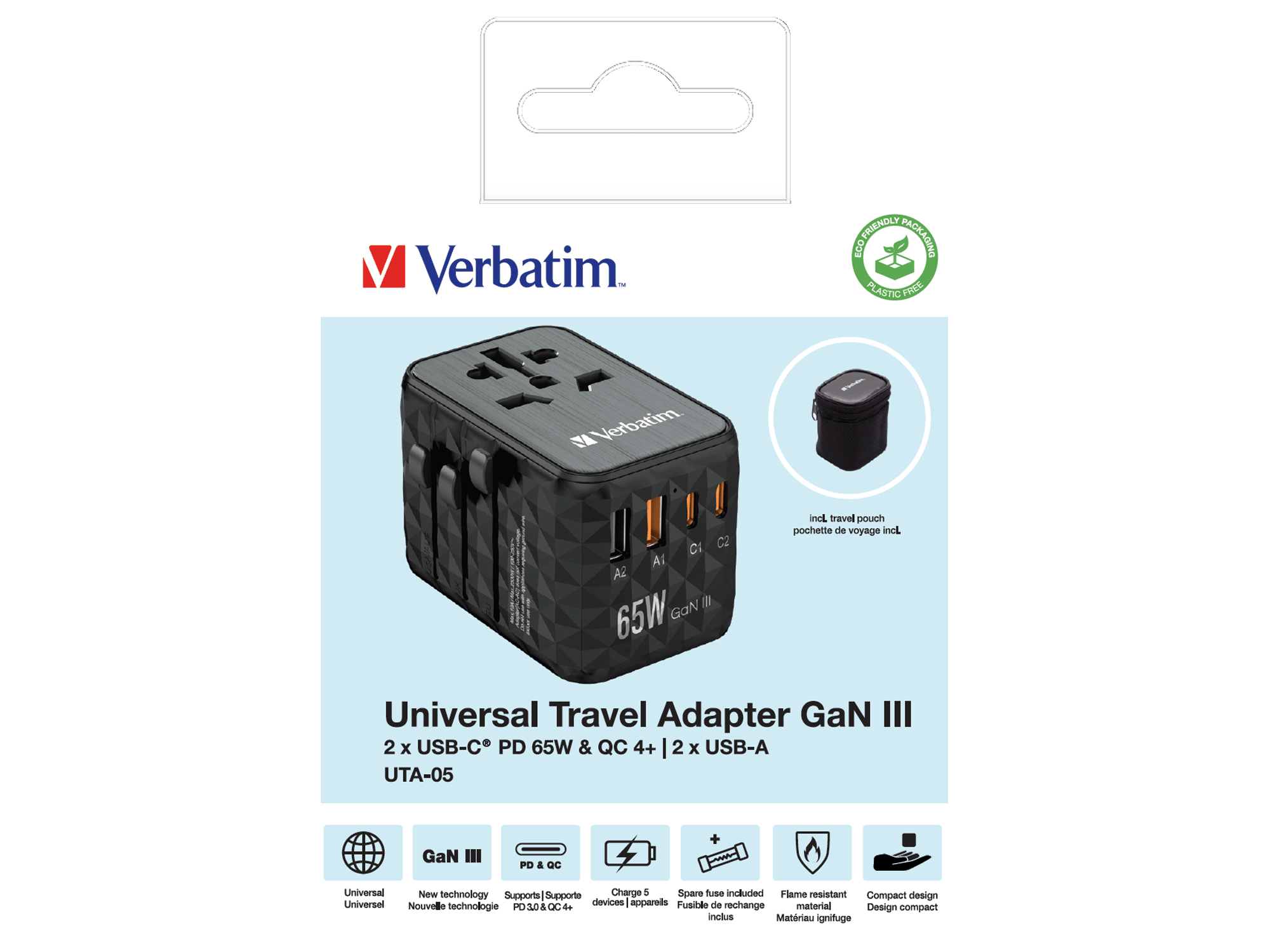 a8ed8c778fb8df927d1ed1498c8da0bd Verbatim UTA-05 65W GaN III Universal Travel Adapter with 2 x USB-C PD & QC 4+ & 2 x USB-A ports