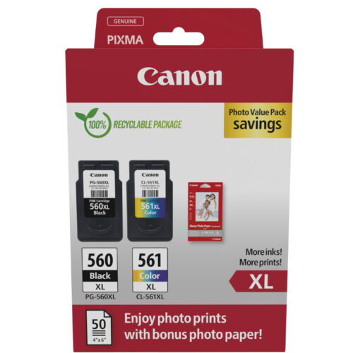 Canon 3712C008/PG-560XL+CL-561XL Printhead cartridge multi pack black + color +50 sheet Photopaper 14,3ml + 12,2ml Pack=2 for Canon Pixma TS 5350