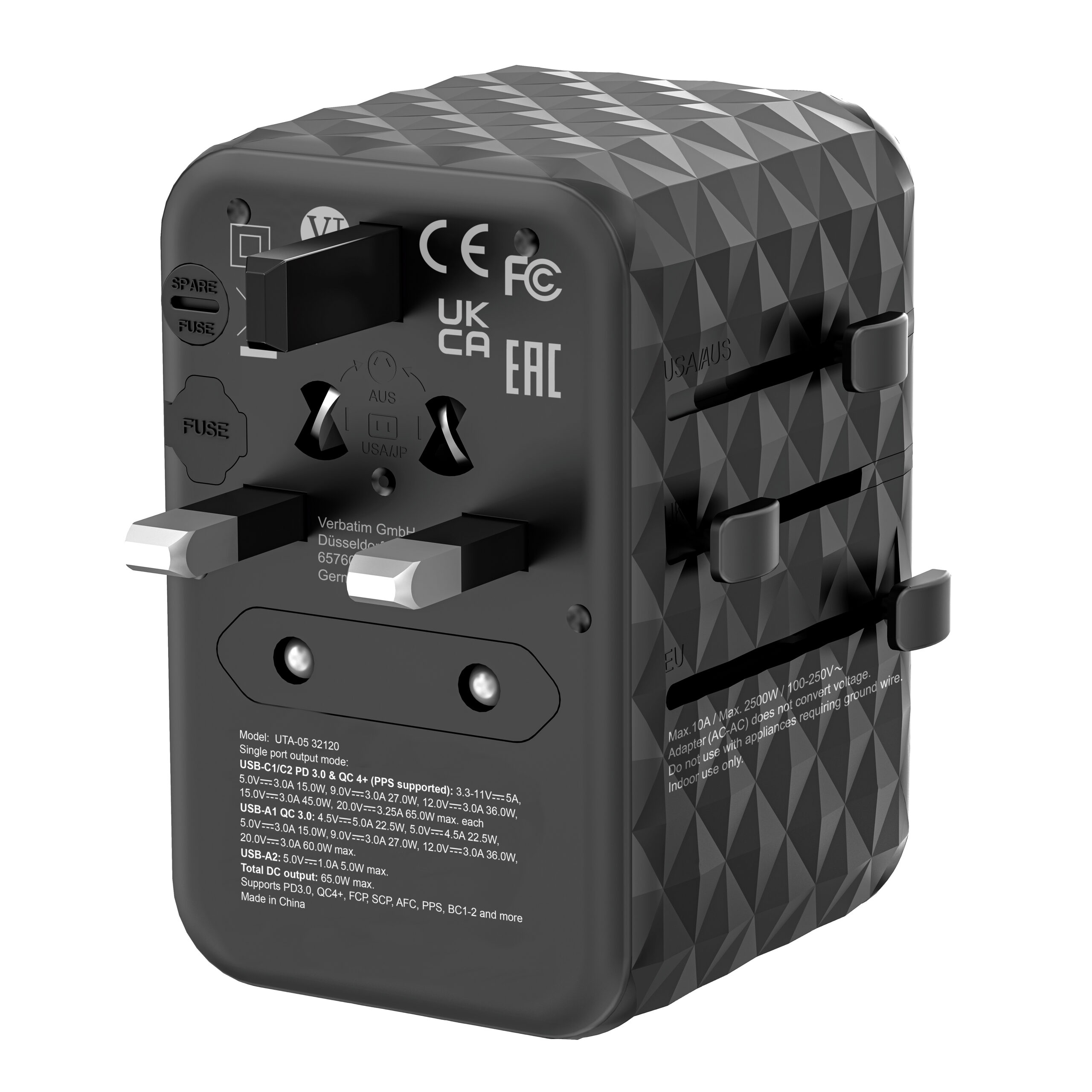 ade2d893f3e1c2bc2ffedf9b2de0156b Verbatim UTA-05 65W GaN III Universal Travel Adapter with 2 x USB-C PD & QC 4+ & 2 x USB-A ports