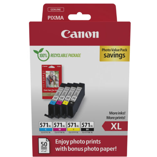 Canon 0332C006/CLI-571XL Ink cartridge multi pack Bk,C,M,Y high-capacity + Photopaper 50 sheet 11ml Pack=4 for Canon Pixma MG 5750/7750