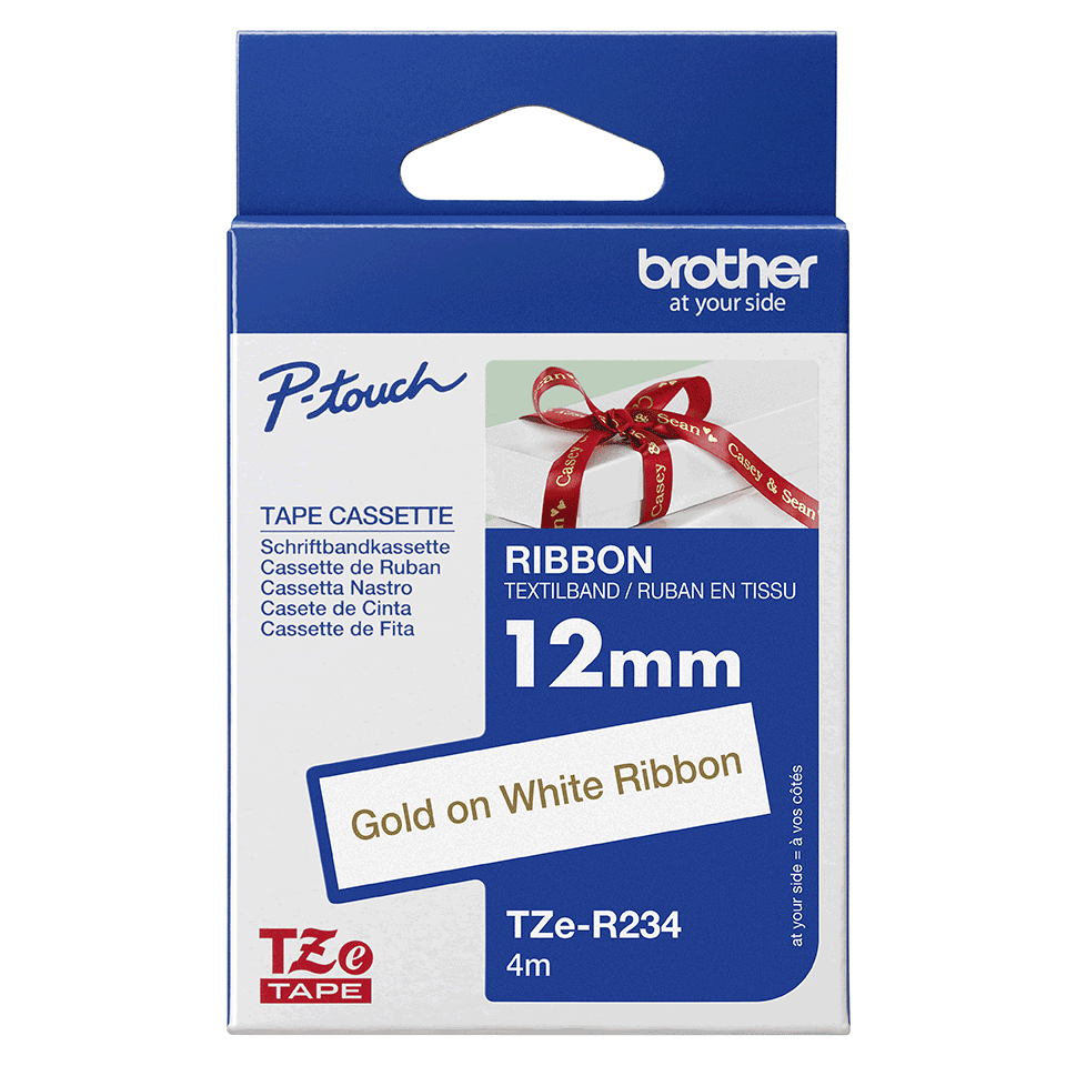 Brother TZE-R234 DirectLabel gold on white non adhesive textil 12mm x 4m for Brother P-Touch TZ 3.5-18mm/6-12mm/6-18mm/6-24mm/6-36mm