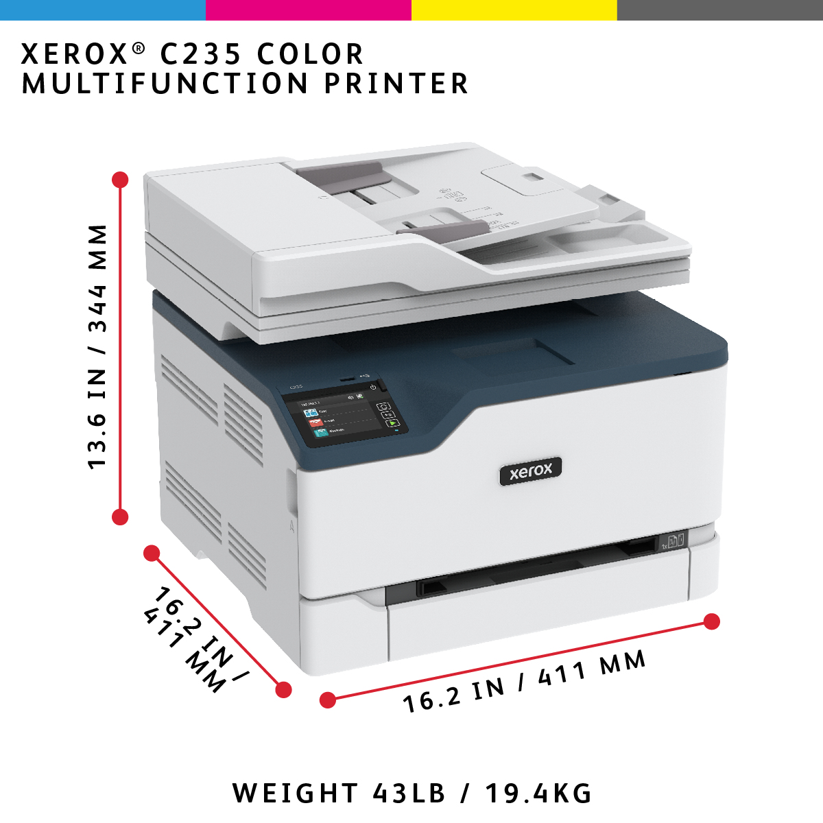 Xerox C235 A4 22ppm Wireless Copy/Print/Scan/Fax PS3 PCL5e/6 ADF 2 Trays Total 251 Sheets UK