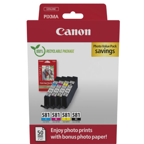 d3f76546a9dcebe24ea59200e00b5e2d Canon 2106C006/CLI-581 Ink cartridge multi pack Bk,C,M,Y + Photopaper 50 sheet 10x15cm 1505/256/237/257 pg Pack=4 for Canon Pixma TS 6150/8150