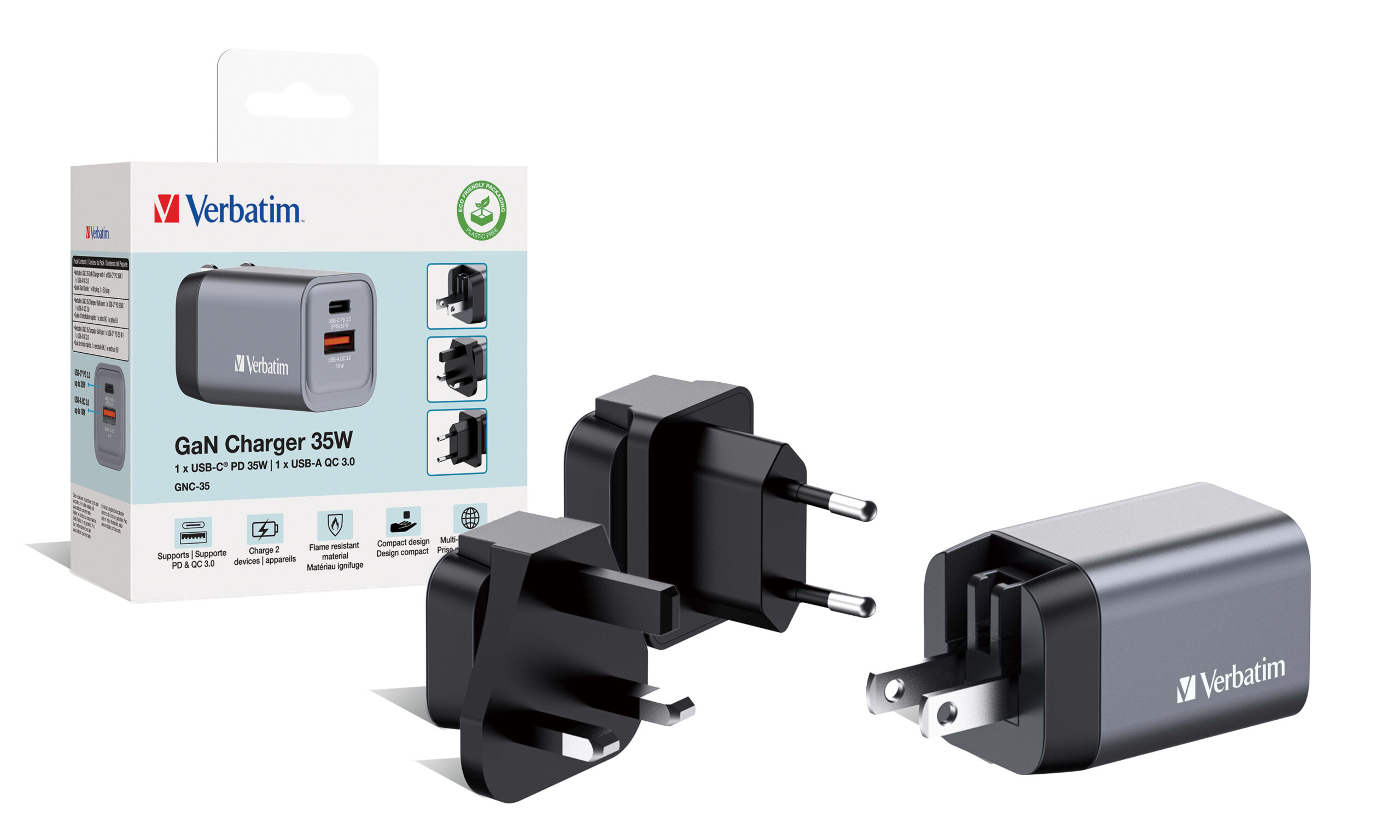 d445415f1949c54125efb7a0120e8f2d Verbatim GNC-35 GaN Charger 35W with 1 x USB-C PD 35W / 1 x USB-A QC 3.0 (EU/UK/US)