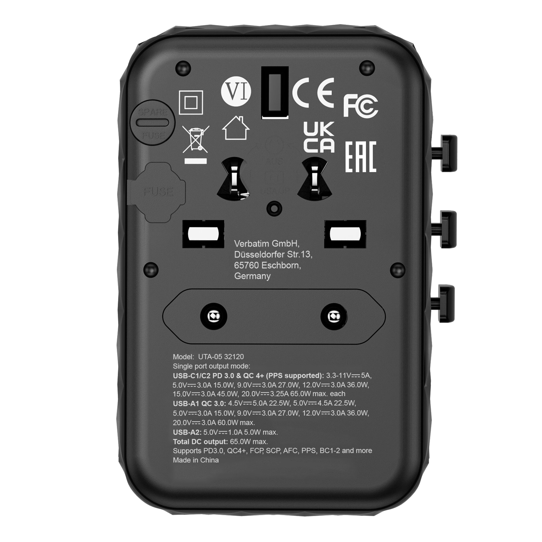 d4db4ec4af87e69a82d8671fd9c75c89 Verbatim UTA-05 65W GaN III Universal Travel Adapter with 2 x USB-C PD & QC 4+ & 2 x USB-A ports