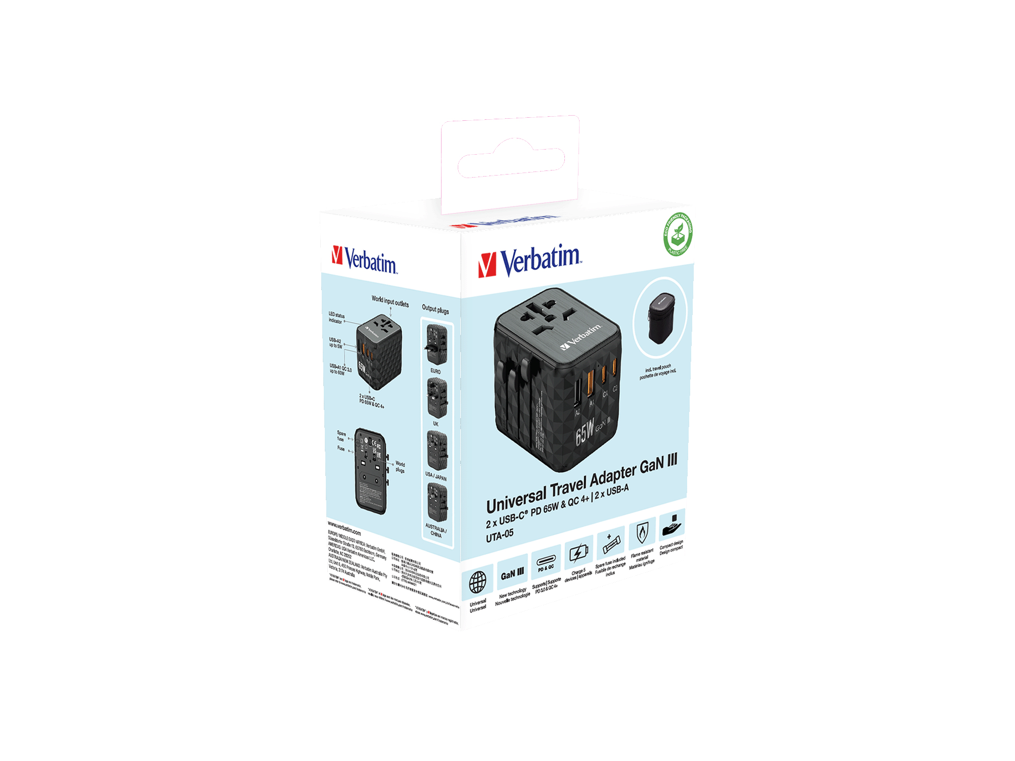 db3fd587b2c2d1090a38c7d22fd9a496 Verbatim UTA-05 65W GaN III Universal Travel Adapter with 2 x USB-C PD & QC 4+ & 2 x USB-A ports