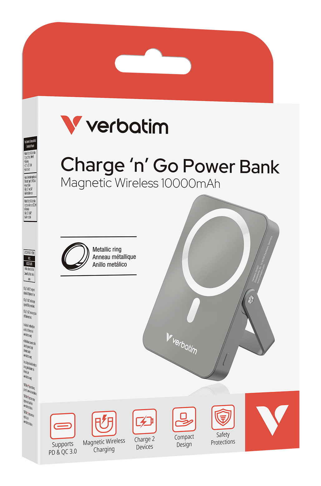 Verbatim Charge ´n´ Go Magnetic Wireless Power Bank with stand - 10000 mAh Grey