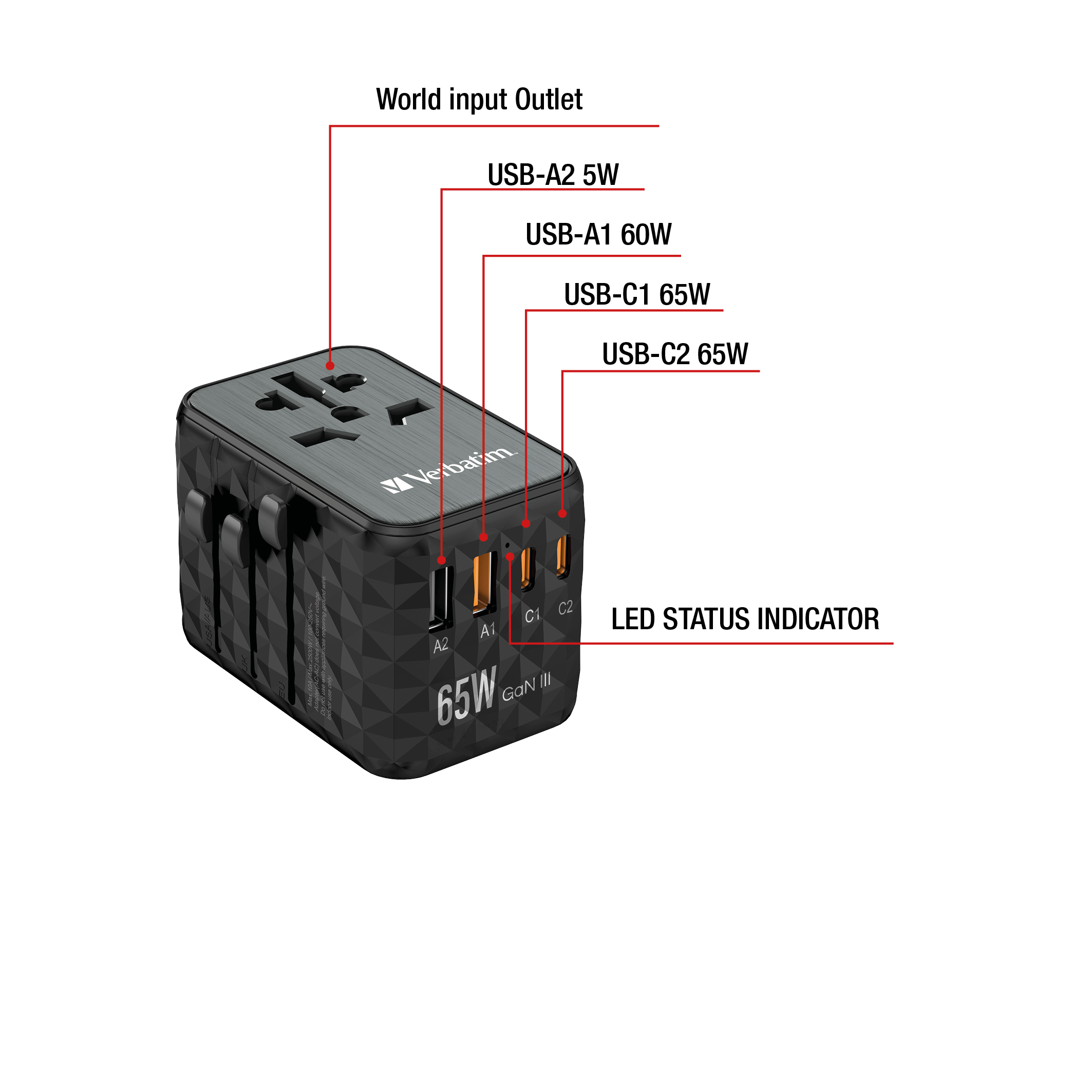 ed119375859bed73b5ad2df9640b2130 Verbatim UTA-05 65W GaN III Universal Travel Adapter with 2 x USB-C PD & QC 4+ & 2 x USB-A ports