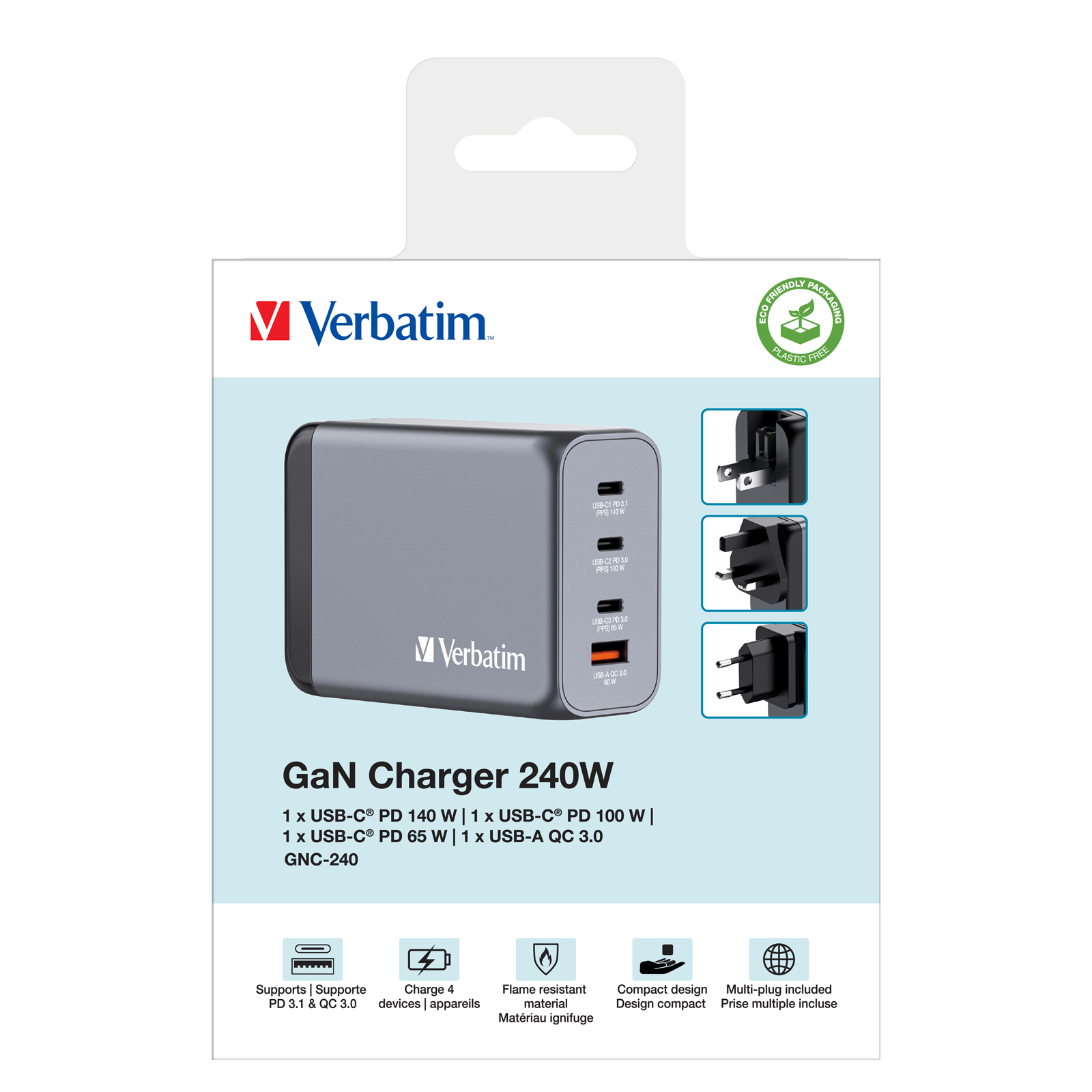 f9a101fe25c5c034b517f6f5abe50087 Verbatim GNC-240 GaN Charger 240W with 1 x USB-C 140W /1 x USB-C 100W / 1 x USB-C 65W / 1 x USB-A QC 3.0 (EU/UK/US)