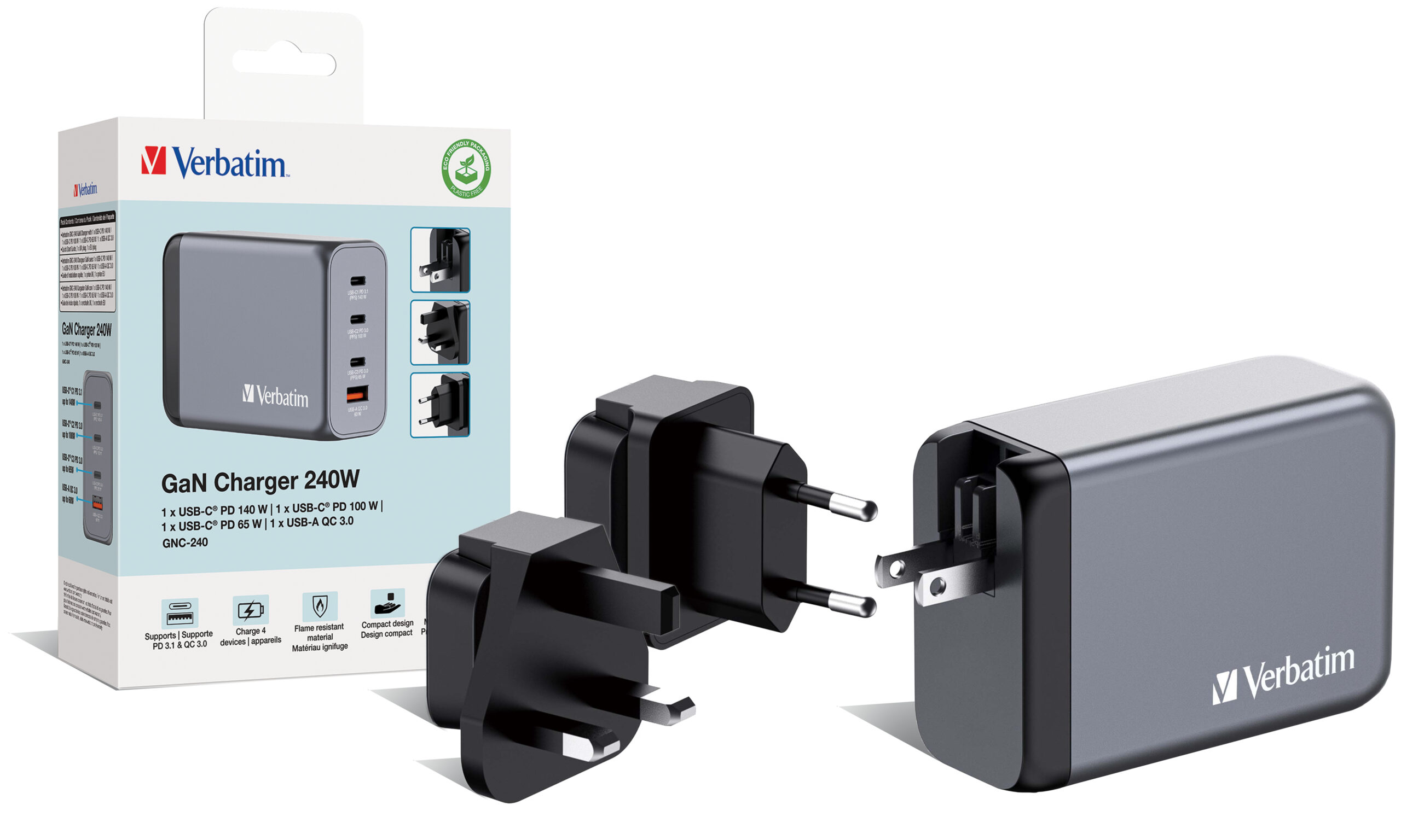 fc2fd8de6cccbd4765abb6b886a9185a Verbatim GNC-240 GaN Charger 240W with 1 x USB-C 140W /1 x USB-C 100W / 1 x USB-C 65W / 1 x USB-A QC 3.0 (EU/UK/US)