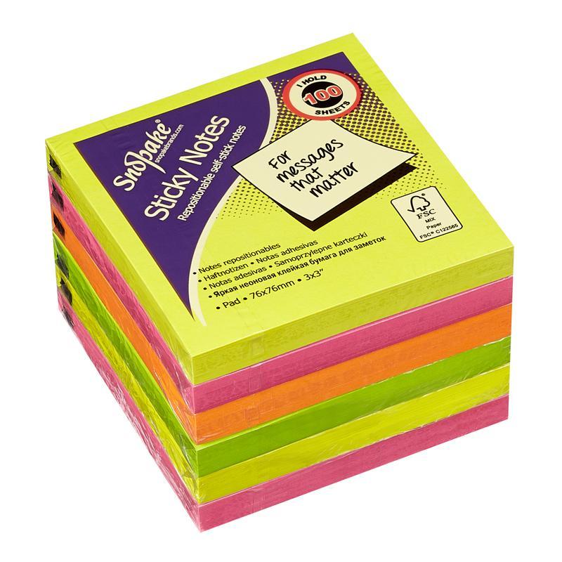 Snopake FSC Sticky Note Neon Assorted 100 Sheet Pad- 6 Pads