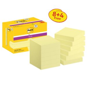 Post-it® Super Sticky Notes Canary Yellow 47.6 mm x 47.6 mm Promo Pack 90 Sheets/Pad 8 + 4 FREE Pads/Pack Cardboard Pack 100% PEFC SGSCH-PEFC-C