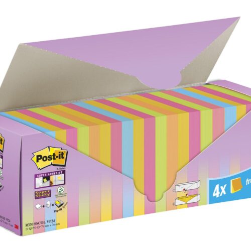 Post-it® Super Sticky Z-Notes Assorted Colours 76 mm x 76 mm Promo Pack 90 Sheets/Pad 20 + 4 FREE Pads/Pack Cardboard Pack 100% PEFC SGSCH-PEFC