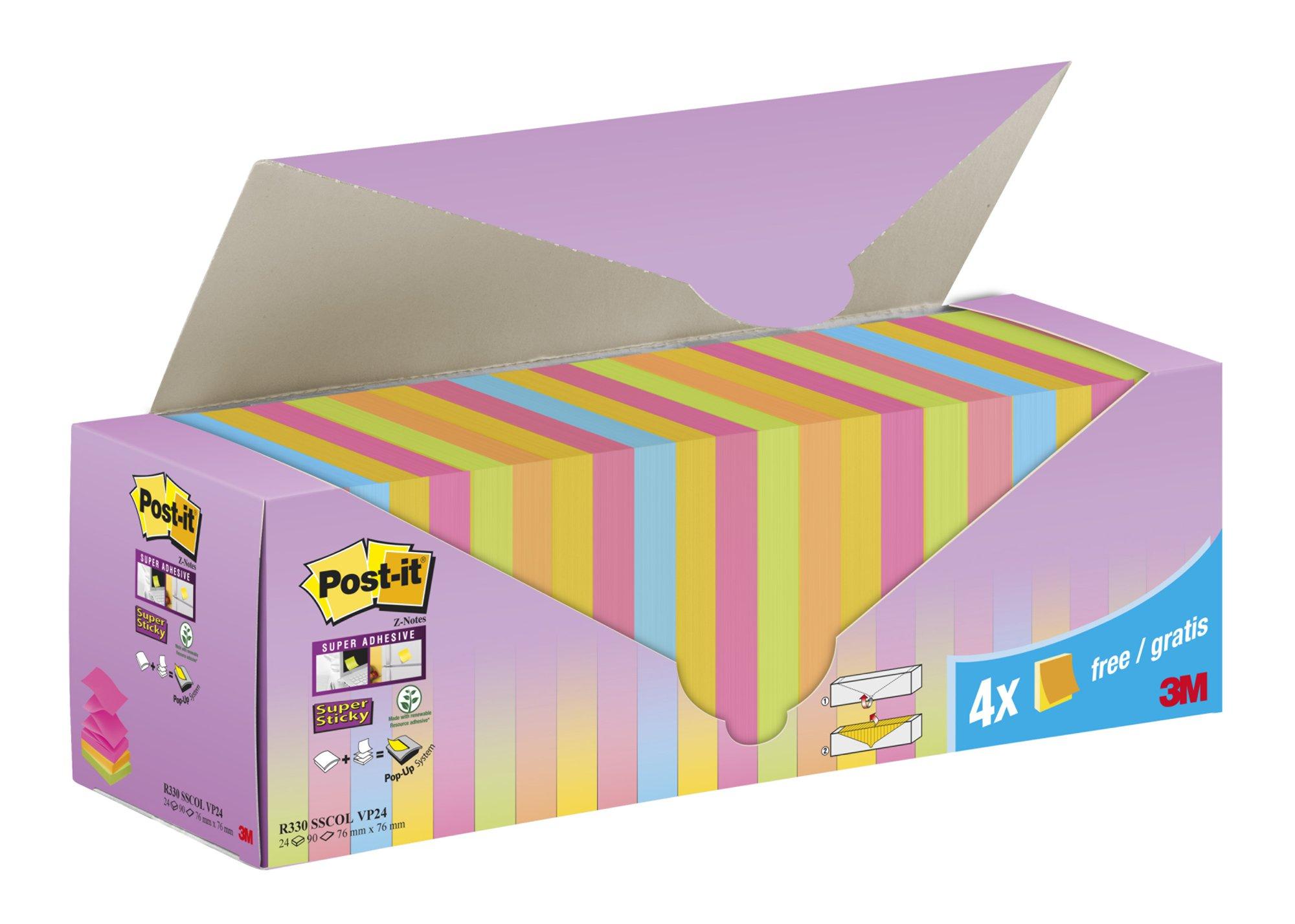 Post-it® Super Sticky Z-Notes Assorted Colours 76 mm x 76 mm Promo Pack 90 Sheets/Pad 20 + 4 FREE Pads/Pack Cardboard Pack 100% PEFC SGSCH-PEFC