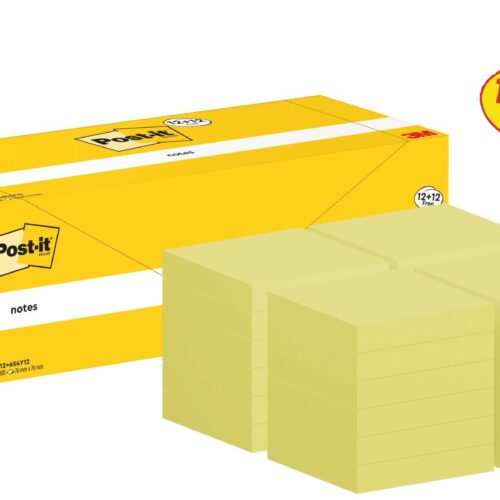 Post-it® Notes Canary Yellow 76 mm x 76 mm Promo Pack 100 Sheets/Pad 12 + 12 FREE Pads/Pack Cardboard Pack 100% PEFC SGSCH-PEFC-COC-110078
