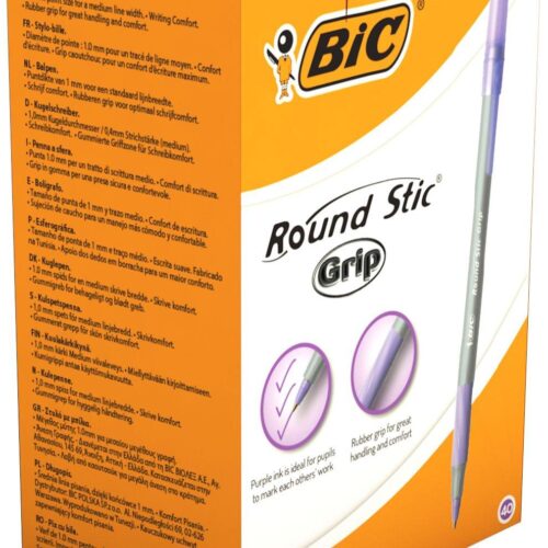 BIC Round Stic Grip Purple Ballpoint Pen Pack of 40