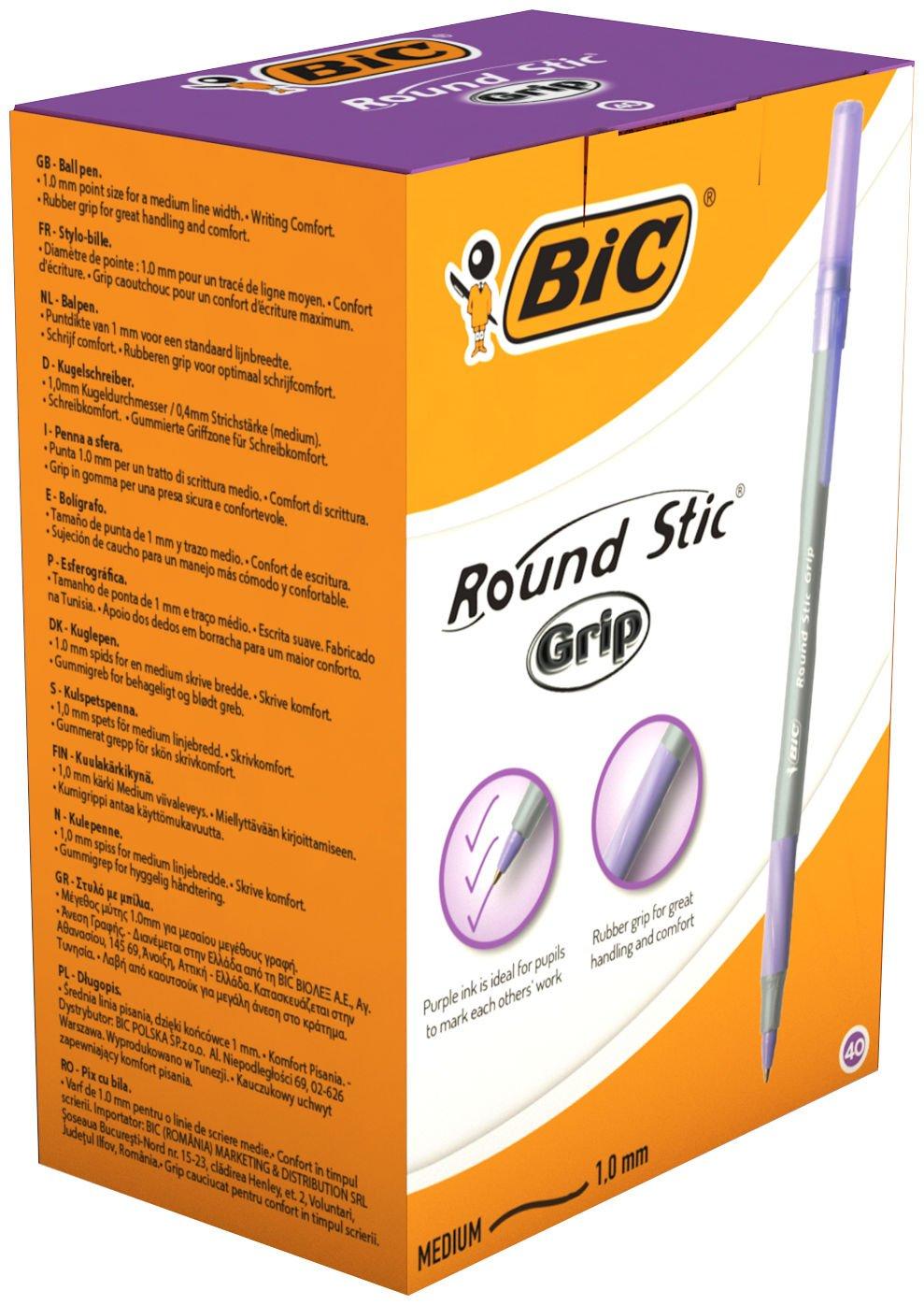 BIC Round Stic Grip Purple Ballpoint Pen Pack of 40