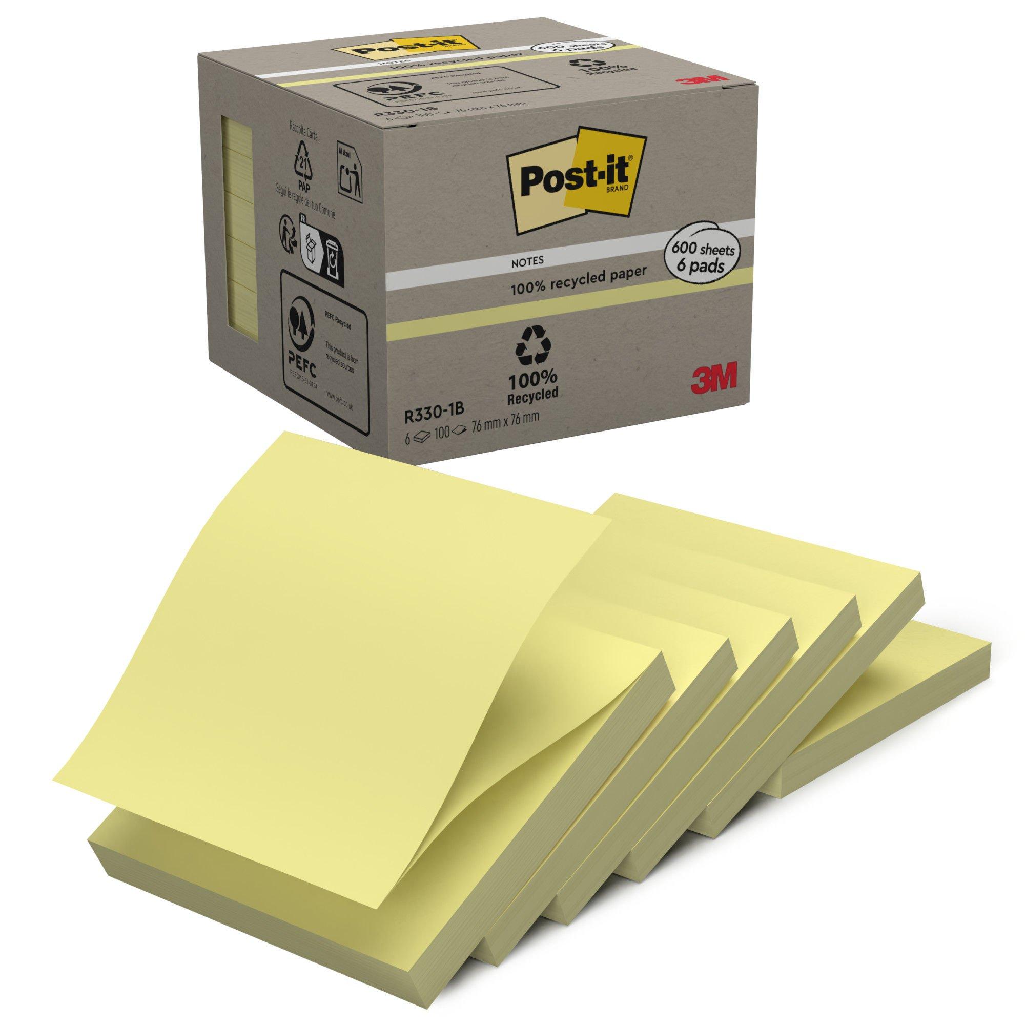 Post-it® Recycled Z-Notes Canary Yellow 76 mm x 76 mm 100 Sheets/Pad 6 Pads/Pack 100% PEFC Recycled SGSCH-PEFC-COC-110078