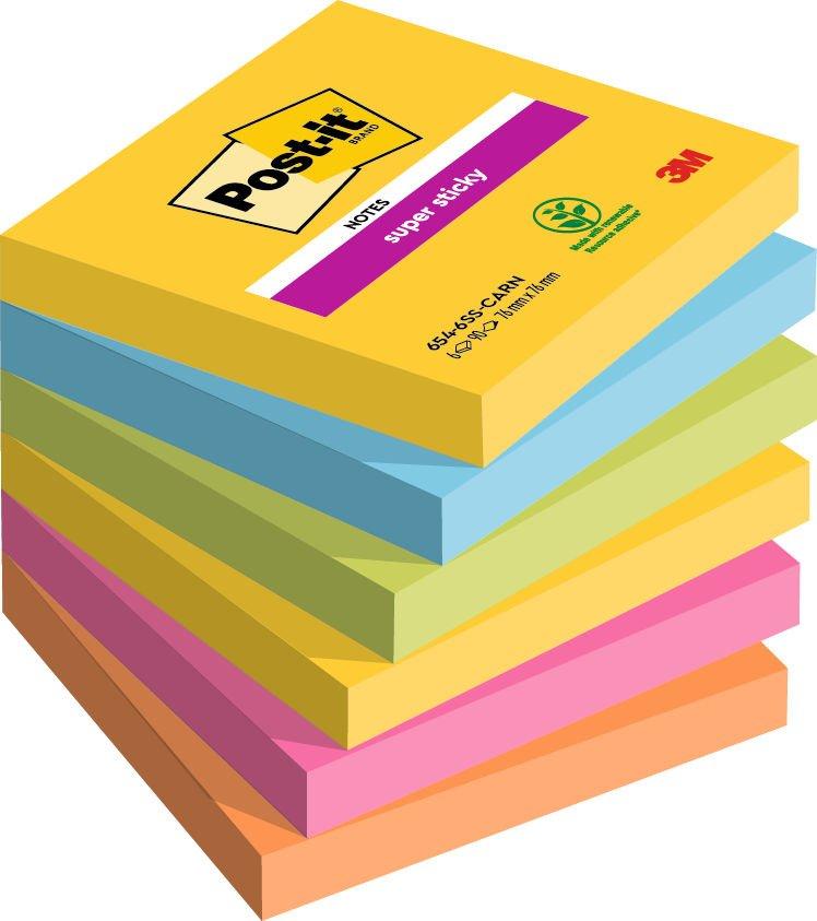 Post-it® Super Sticky Notes Carnival Colour Collection 76 mm x 76 mm 90 Sheets/Pad 6 Pads/Pack 100% PEFC SGSCH-PEFC-COC-110078