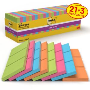 Post-it® Super Sticky Notes Assorted Colours 76 mm x 76 mm Promo Pack 90 Sheets/Pad 21 + 3 FREE Pads/Pack 100% PEFC SGSCH-PEFC-COC-110078