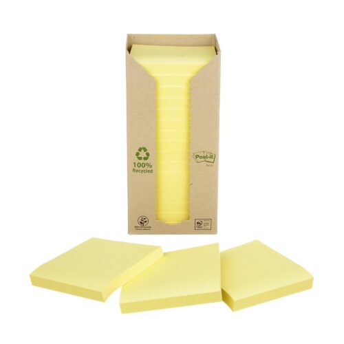 Post-it® Recycled Notes Canary Yellow 76 mm x 76 mm 100 Sheets/Pad 16 Pads/Pack 100% PEFC Recycled SGSCH-PEFC-COC-110078