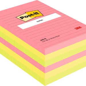 Post-it® Large Notes Assorted Neon Colours Lined 101 mm x 152 mm 100 Sheets/Pad 6 Pads/Pack 100% PEFC SGSCH-PEFC-COC-110078