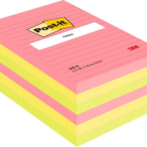 Post-it® Large Notes Assorted Neon Colours Lined 101 mm x 152 mm 100 Sheets/Pad 6 Pads/Pack 100% PEFC SGSCH-PEFC-COC-110078