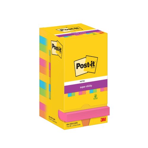 Post-it® Super Sticky Notes Carnival Colour Collection 76 mm x 76 mm 90 Sheets/Pad 12 Pads/Pack Cardboard Pack 100% PEFC SGSCH-PEFC-COC-110078