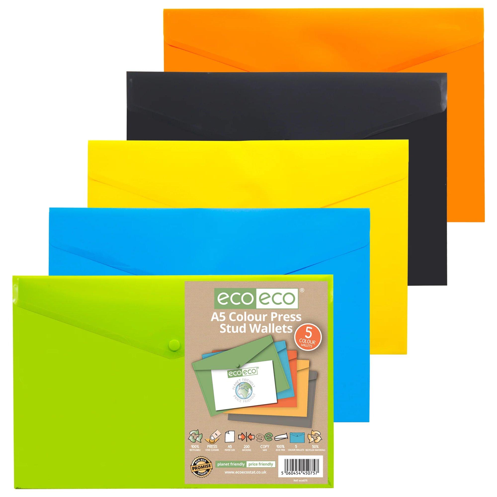Pack 5 A5 50% Recycled Colour Press Stud Wallets (1)