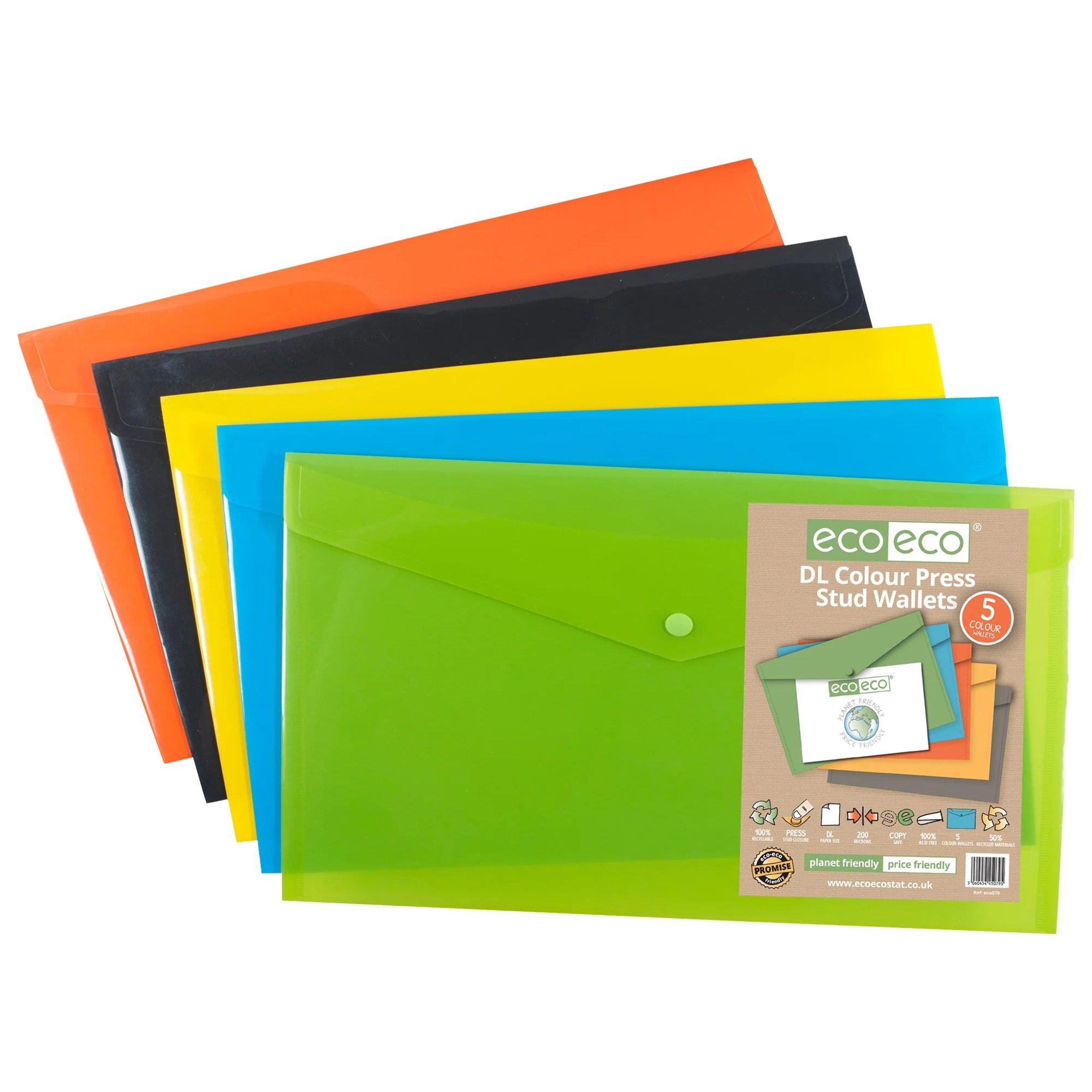 Pack 5 DL 50% Recycled Colour Press Stud Wallets (1)
