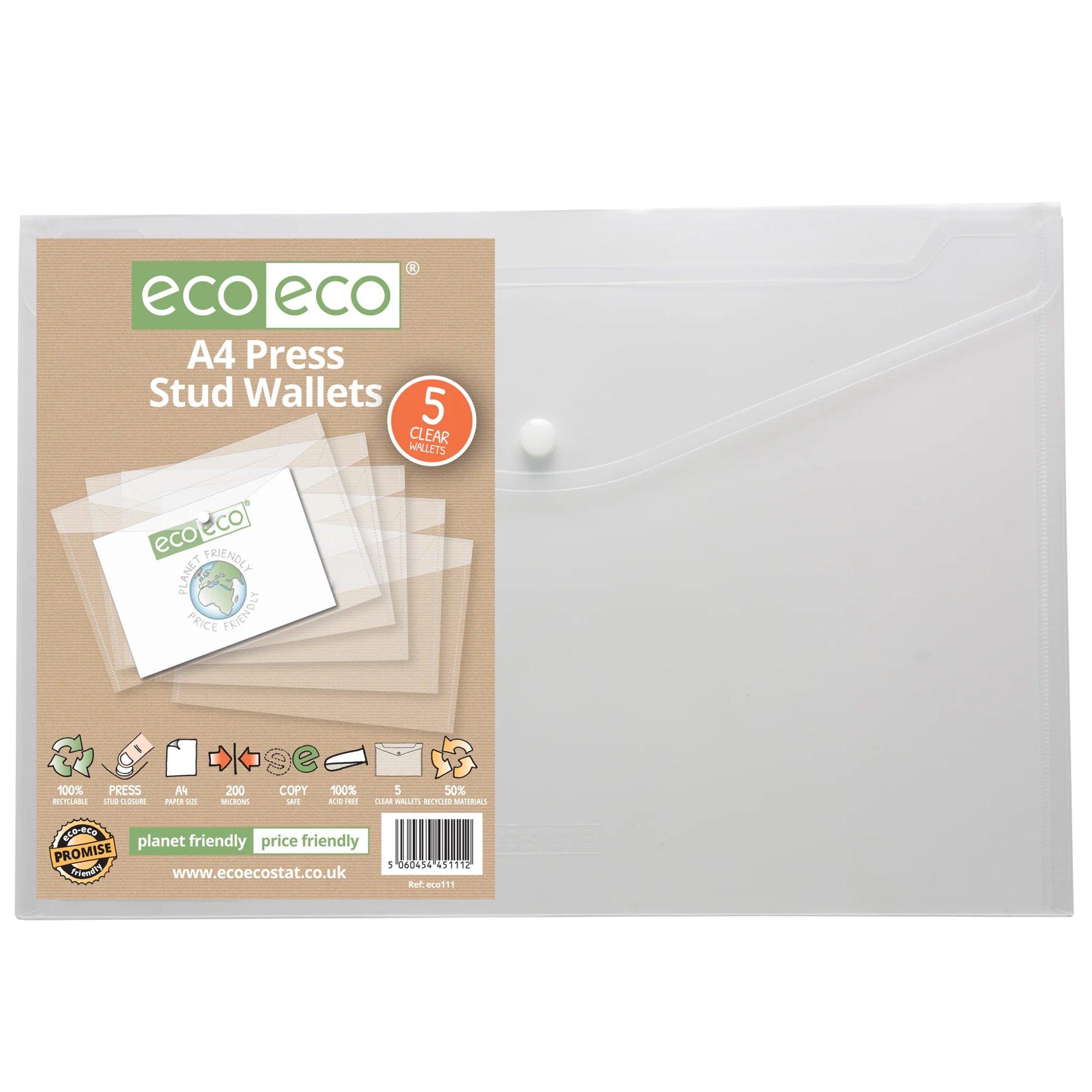 Pack 5 A4 50% Recycled Clear Press Stud Wallets (1)