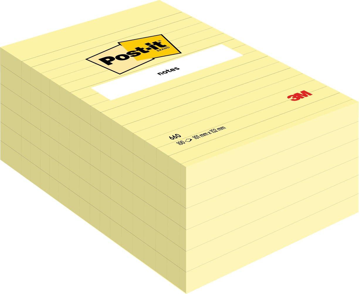 Post-it® Large Notes Canary Yellow Lined 101 mm x 152 mm 100 Sheets/Pad 6 Pads/Pack 100% PEFC SGSCH-PEFC-COC-110078