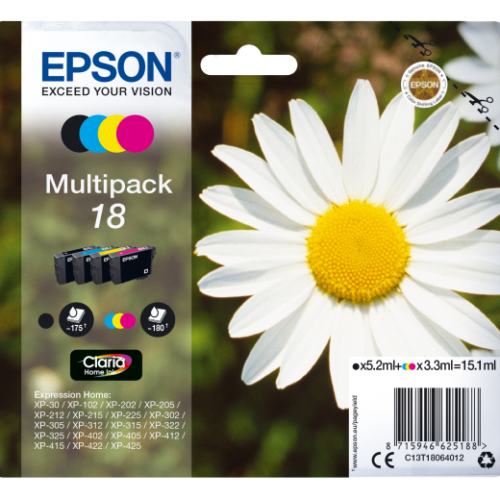 Original Epson C13T18164012 (18XL) Ink Cartridge Multi Pack BkCMY High Capacity 470 Pages + 3x450 Pages 1x12ml + 3x7ml Pack=4