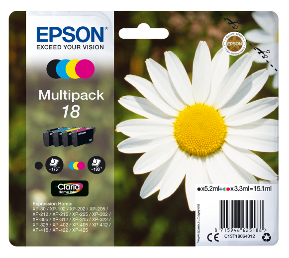 Original Epson C13T18164012 (18XL) Ink Cartridge Multi Pack BkCMY High Capacity 470 Pages + 3x450 Pages 1x12ml + 3x7ml Pack=4