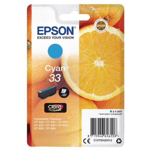 Original Epson C13T33424012 (33) Ink Cartridge Cyan 300 Pages 4.5ml