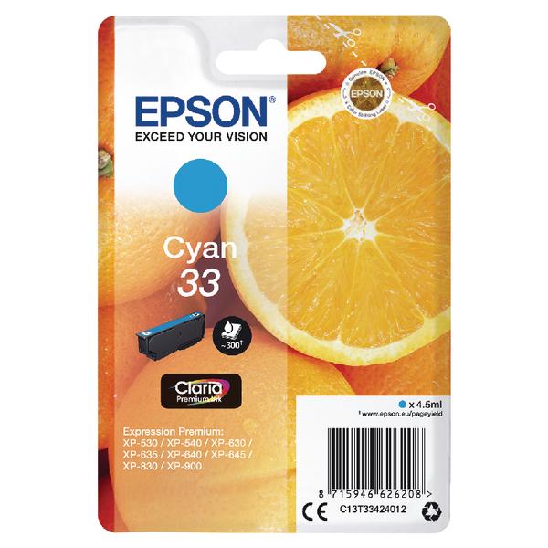 Original Epson C13T33424012 (33) Ink Cartridge Cyan 300 Pages 4.5ml