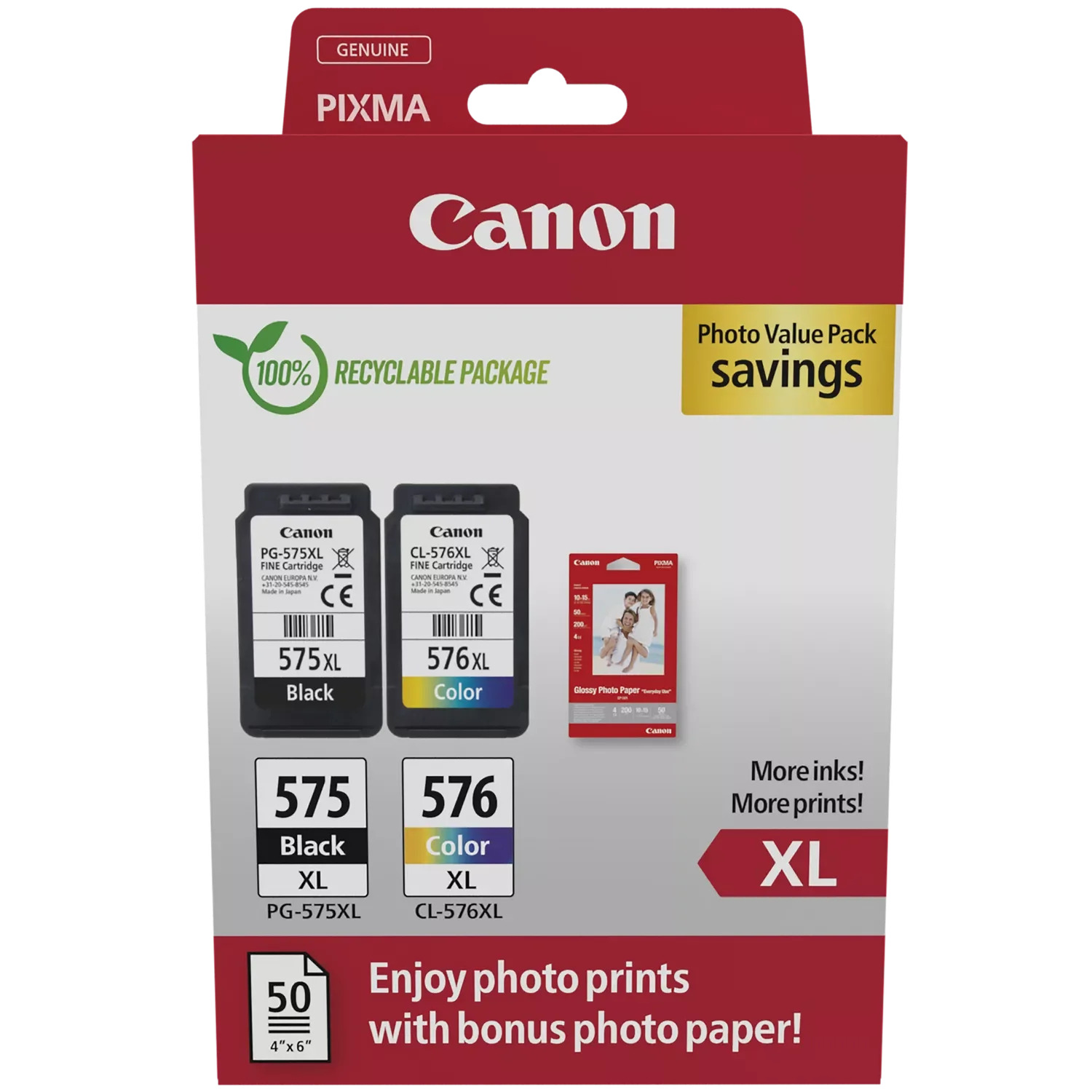 Original Canon 5437C006 PG-575XL + CL-576XL Black and Colour High Capacity with Photo Paper