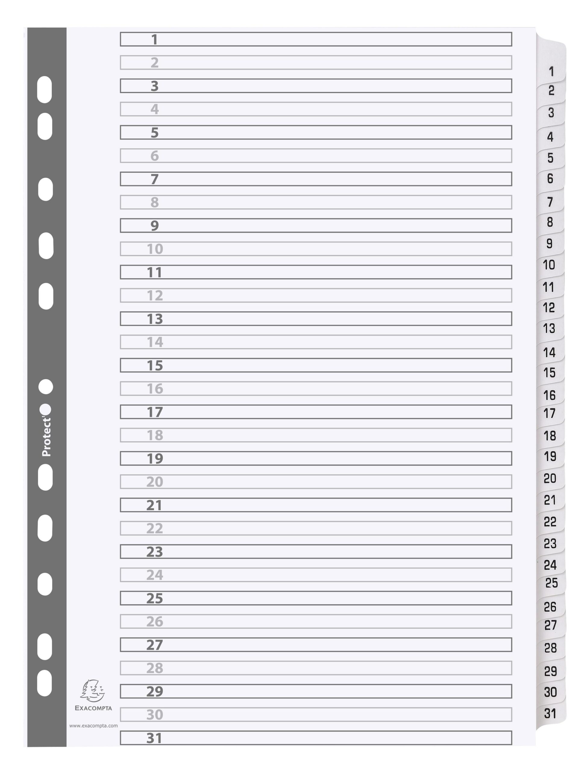 Exacompta Mylar Printed 160 GSM Indices A4 31 Part 1 to 31 Numbered Tabs