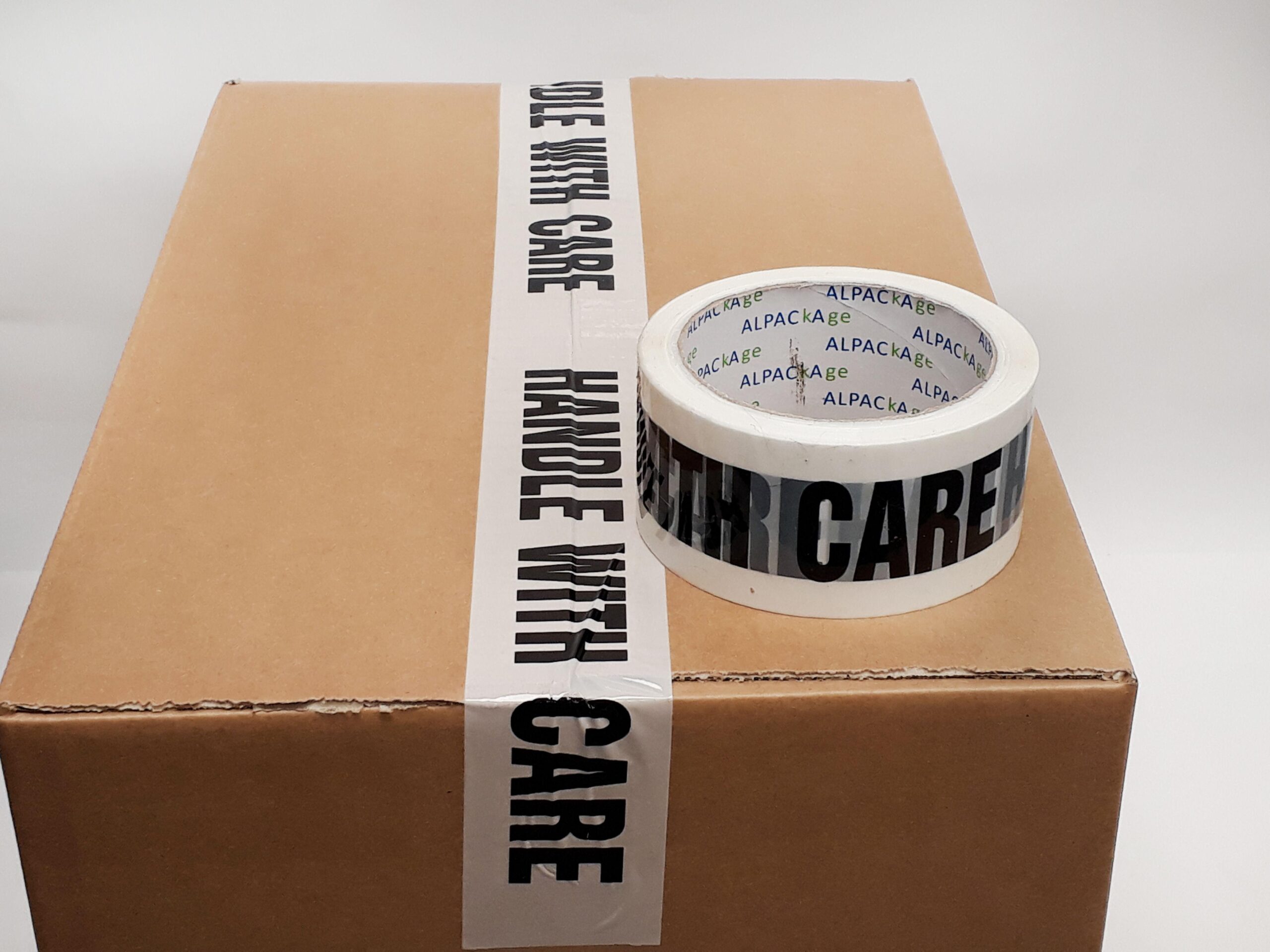 Pk 6 Printed BOPP Tape HANDLE WITH CARE 48mm 66m 38mu Blk/ Wht THP486638